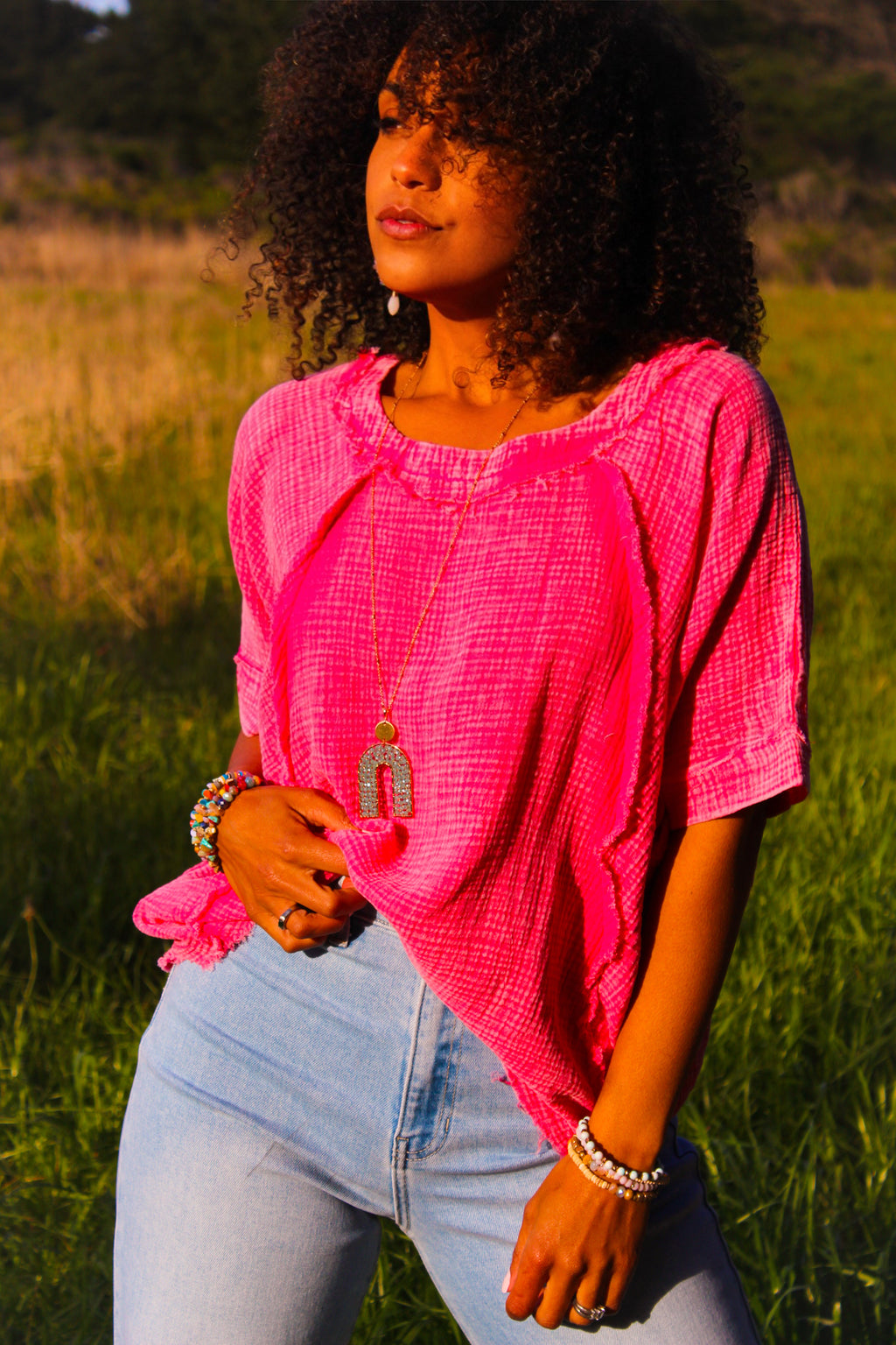 Light as a Feather Cotton Top- Hot Pink