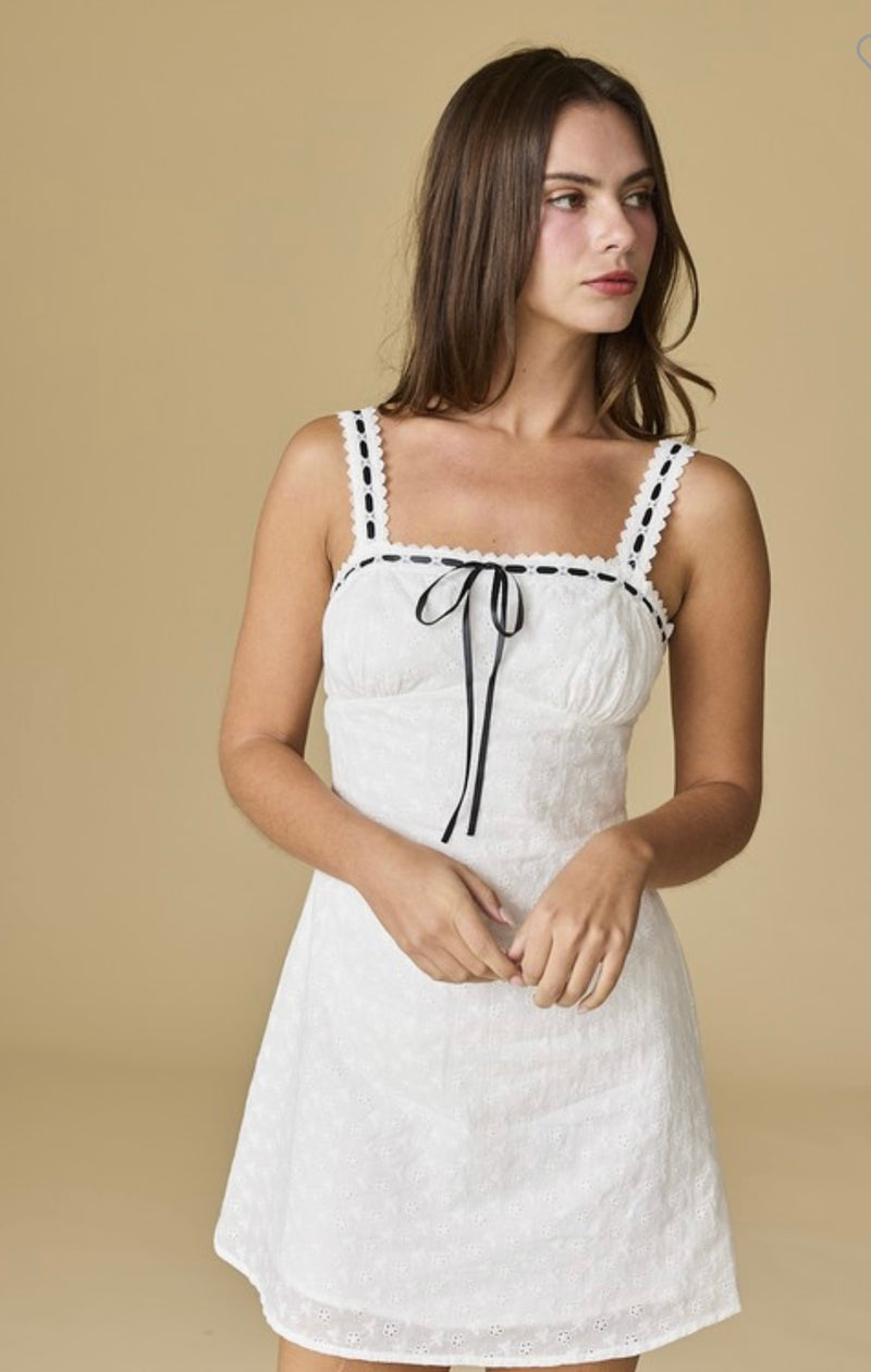 Blossom Ribbon 100% Cotton Sleeveless Ribbon Detail Embroidered Mini Dress - White