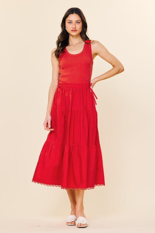 Scarlet Serenade Cotton Tank Bodice Elastics Waist Tiered Maxi Dress