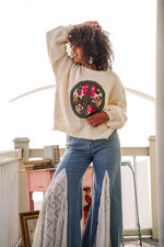 Peace on Earth Peace Sign Patch Pullover Sweater- Ivory/Green