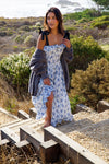Lighthouse Floral Stripe Ruffle Detail Button Down Maxi Dress- Blue