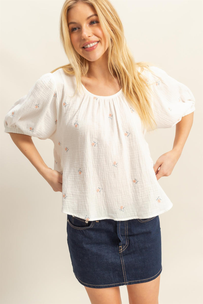 Frida Tie Back Floral Embroidery Detail - White