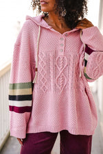 Toasty Cozy Knit Hooded Sweater W/ Stripe Detail- Pink/Multi