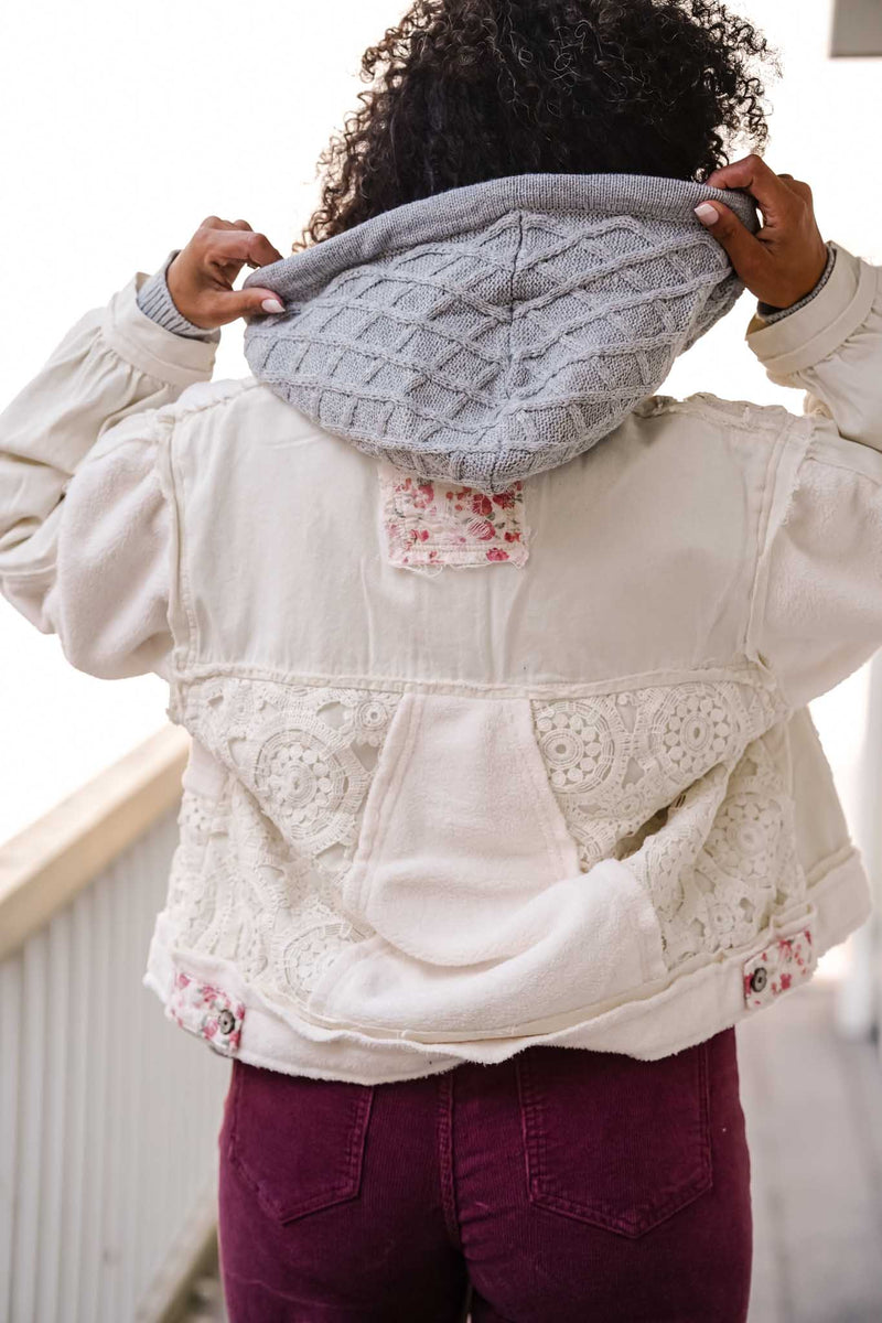 Sweet As Can Be Button Front Shacket Lace + Fleece- Oatmilk