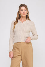 Fall Favorite Cable Knit Button Down Sweater Collar- Sand