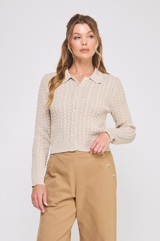 Fall Favorite Cable Knit Button Down Sweater Collar- Sand