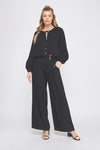 Keep It Coastal Linen Pinstripe Long Sleeve Blouse- Black
