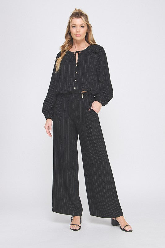 Keep It Coastal Linen Pinstripe Long Sleeve Blouse- Black