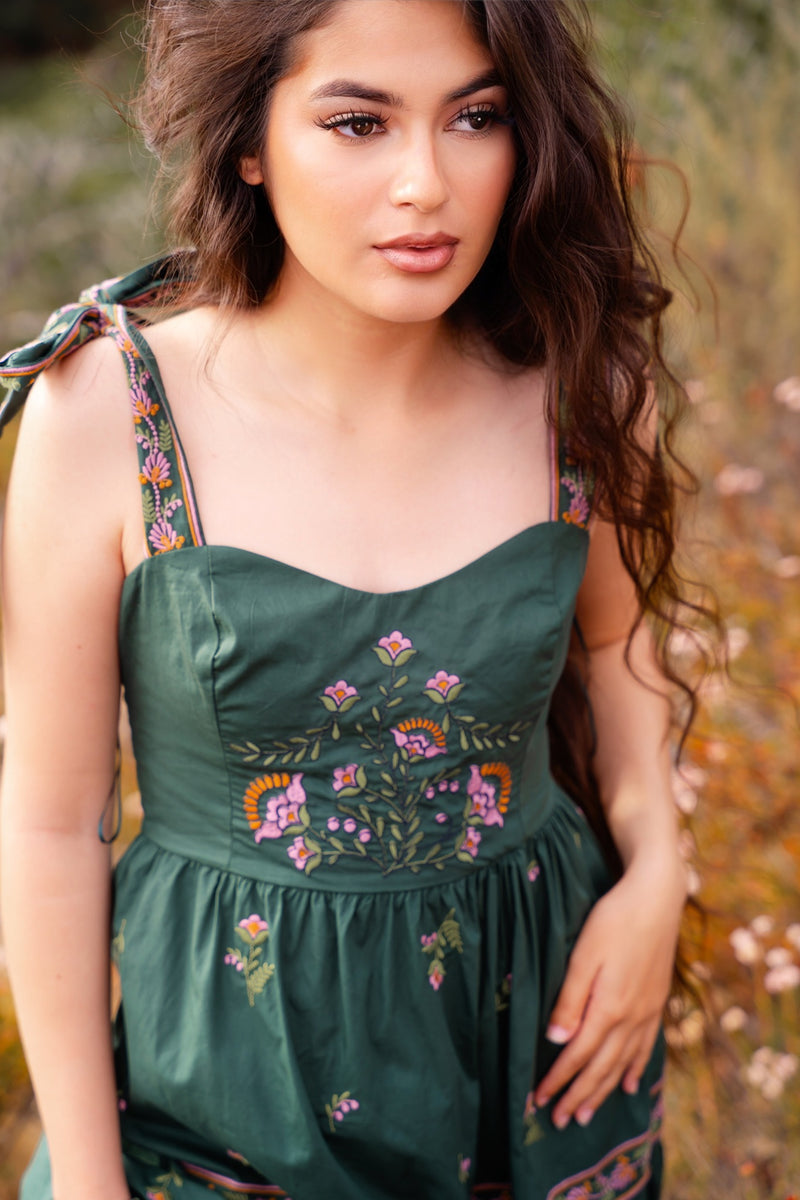 Magic Elixir Embroidered Detail Tie Strap Maxi Dress - Hunter/Multi