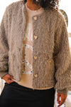 Life’s Delights Shag Faux Fur Jacket W/ Hammered Metal Heart Buttons- Mocha