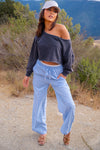 Cozy Does It Elastic Waist Drawstring Stripe Pants - Powder Blue