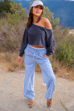 Cozy Does It Elastic Waist Drawstring Stripe Pants - Powder Blue