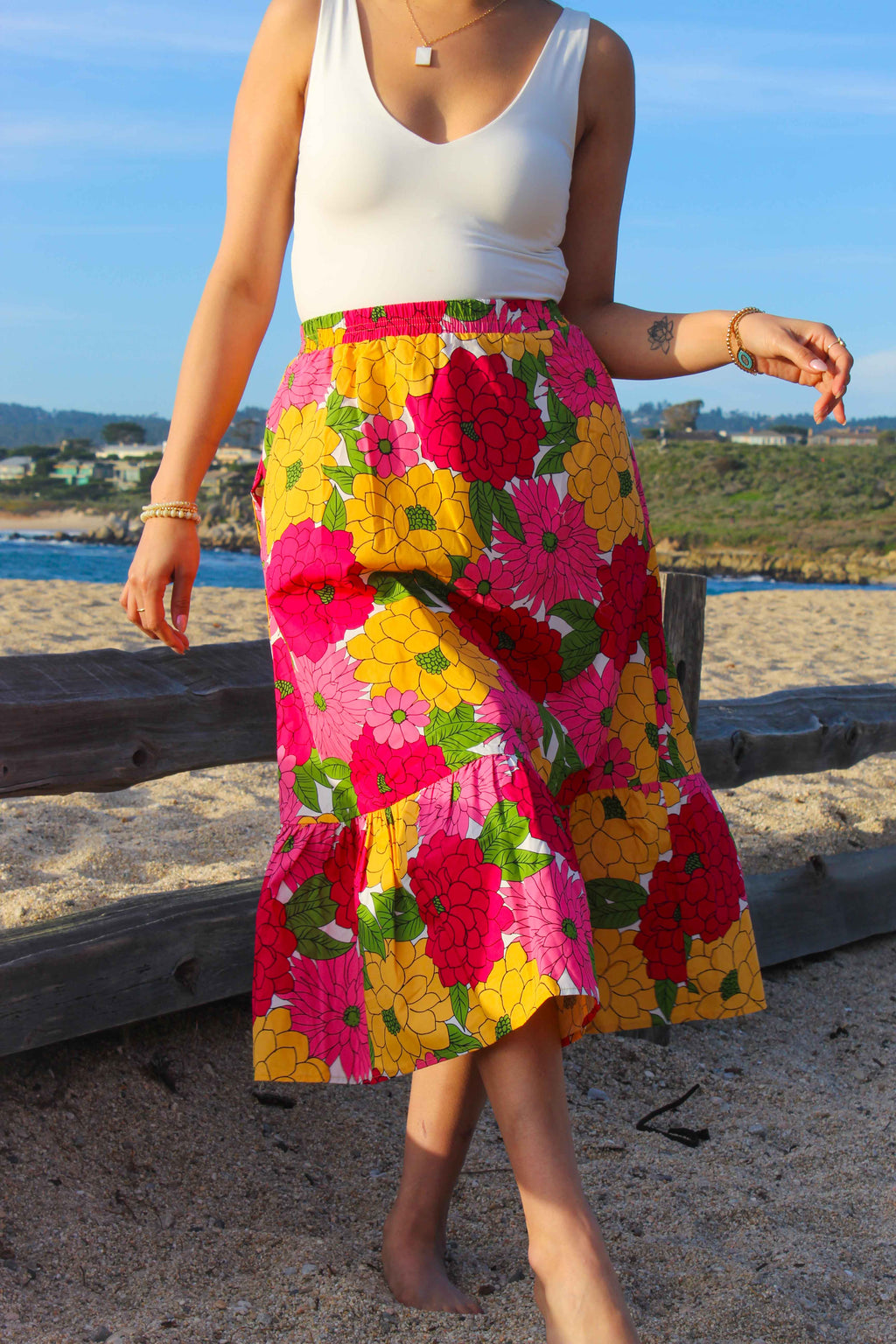 Hydrangeas and Dahlias Print Midi Skirt - Magenta/Multi