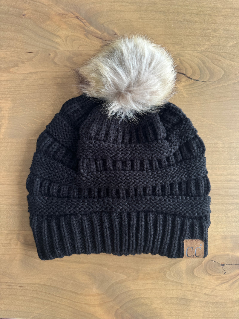 CC Pom Thick Cable Knit Beanie- Black