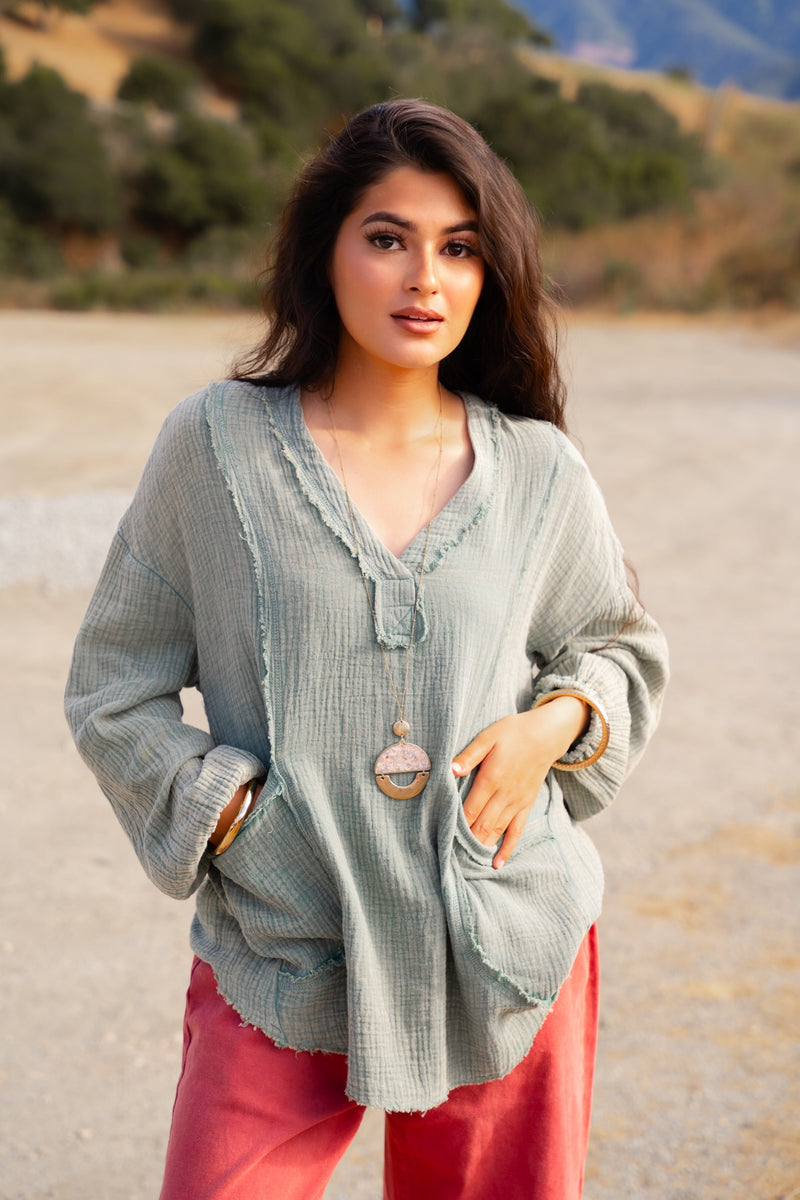Keep It Coastal V-Neck Oversized Long Sleeve Muslin Top - Sage