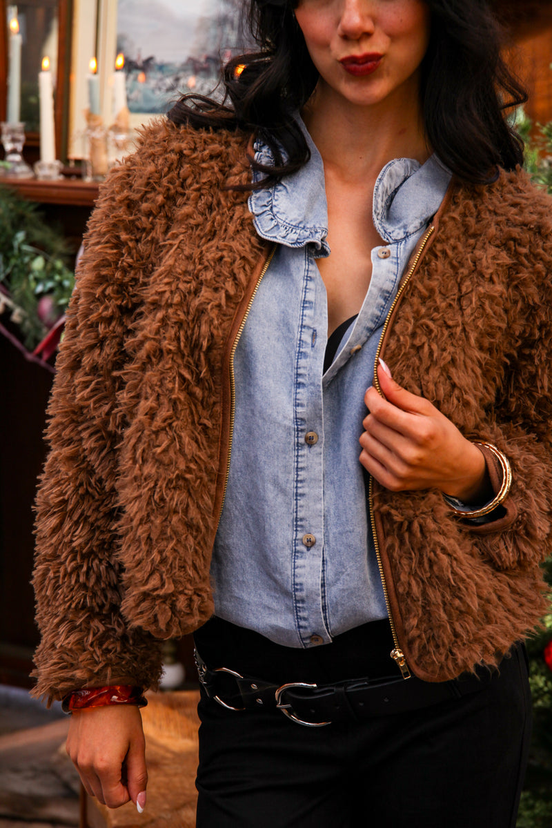 Cozy Callings Teddy Zip Up Coat - Chocolate