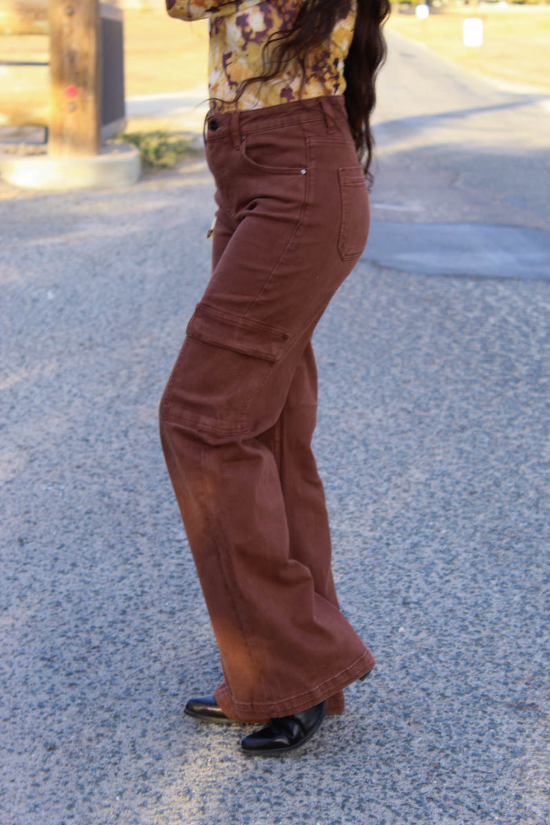 Risen Jeans High Rise Wide Leg Cargo Jeans - Coffee