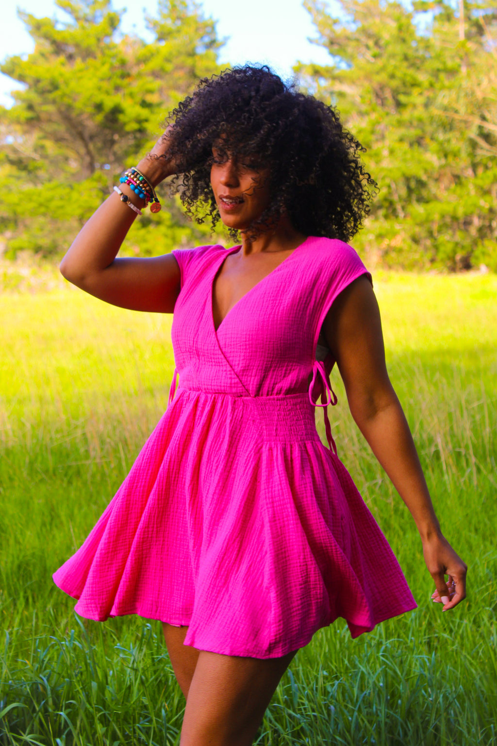 Peony Pop Sleeveless Cotton Mini Dress - Hot Pink