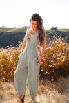 Coastal Cruising Spaghetti Strap V-Neck Muslin Jumpsuit- Sage