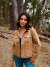 Risen Utility Style Denim Jacket W/ Detachable Knit Contrast Hood- Camel/Ivory
