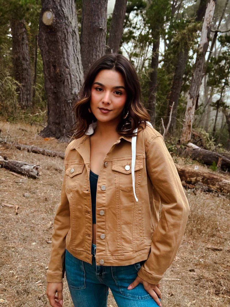 Risen Utility Style Denim Jacket W/ Detachable Knit Contrast Hood- Camel/Ivory