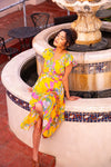 Wildflower Whirl Satin Midi Ruffle Sleeve Maxi Dress- Marigold Florals