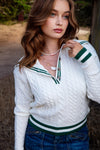 Portside Pullover Cable Knit Sailor Collar Sweater- Ivory/Hunter