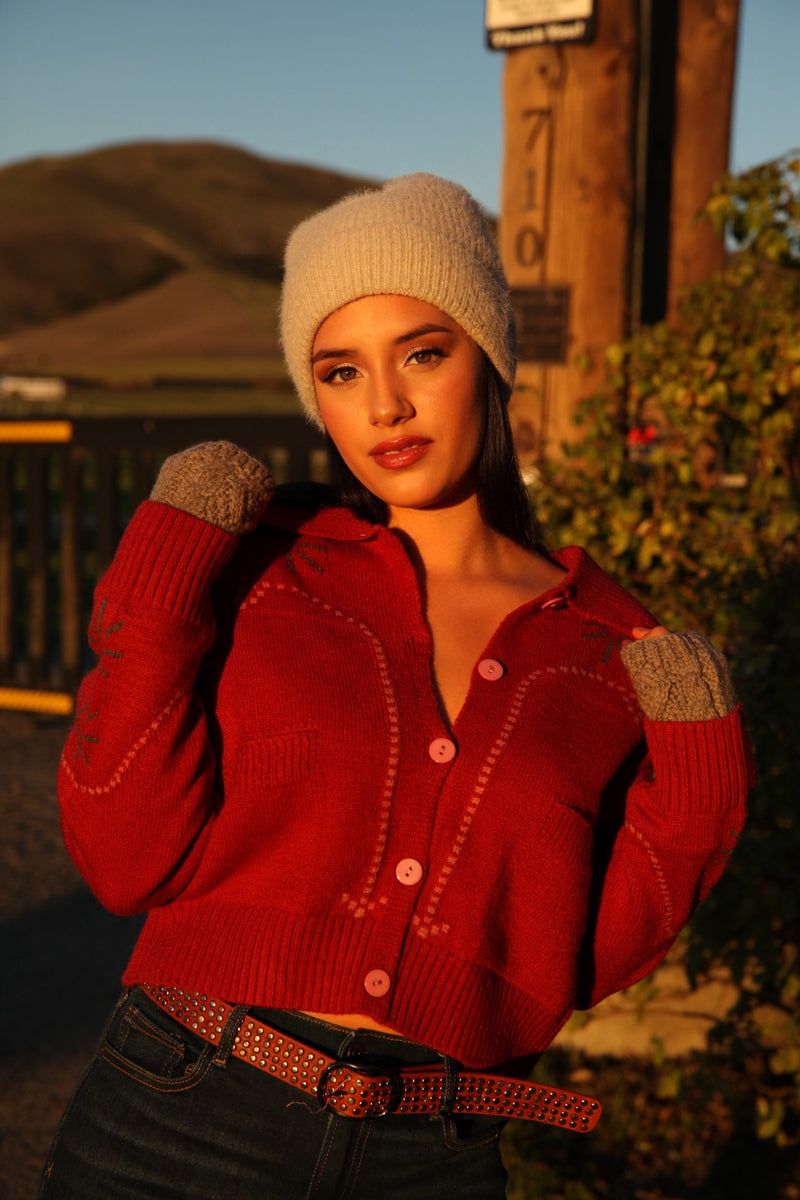 Crimson Crush Western Design Button Up Cardigan- Crimson