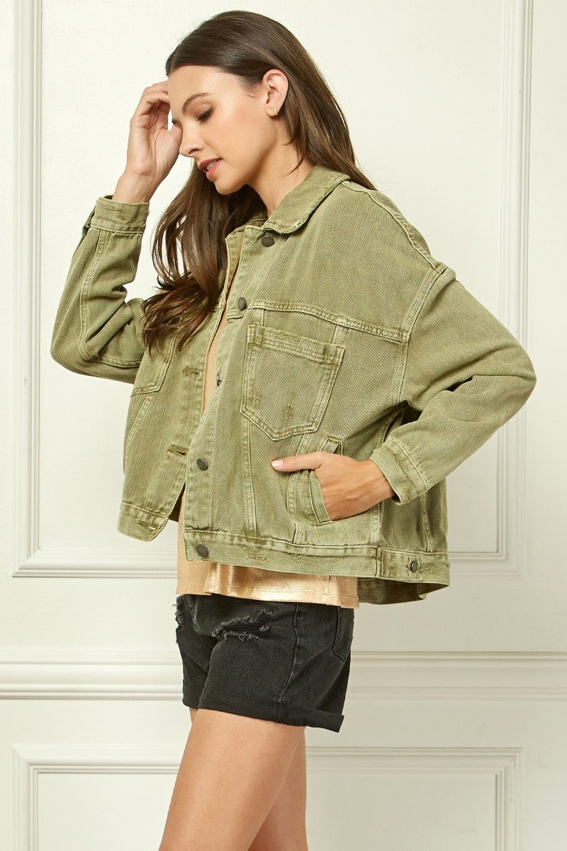 Meadow Muse Distressed Denim Jacket - Olive