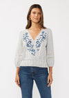 Bluebell Breeze Embroidered Floral Stripe Blouse- Navy/Natural