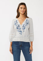 Bluebell Breeze Embroidered Floral Stripe Blouse- Navy/Natural