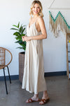 Honey Draped Spaghetti Strap Button Up Dress - Taupe