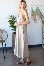 Honey Draped Spaghetti Strap Button Up Dress - Taupe