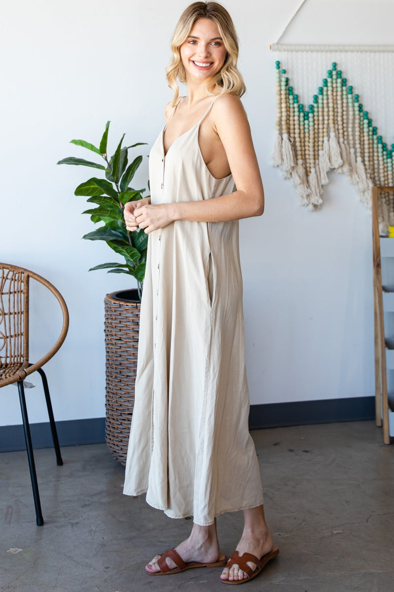 Honey Draped Spaghetti Strap Button Up Dress - Taupe