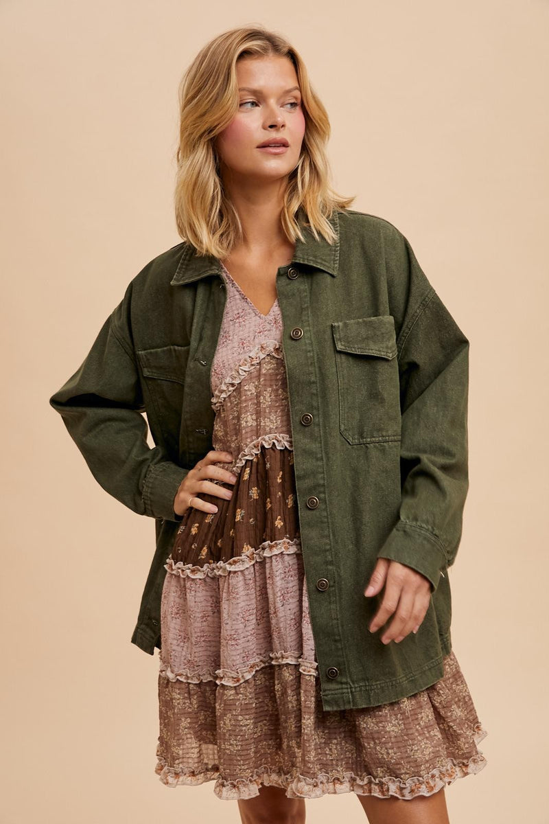 Alpine Drive Oversized Denim Shacket - Olive