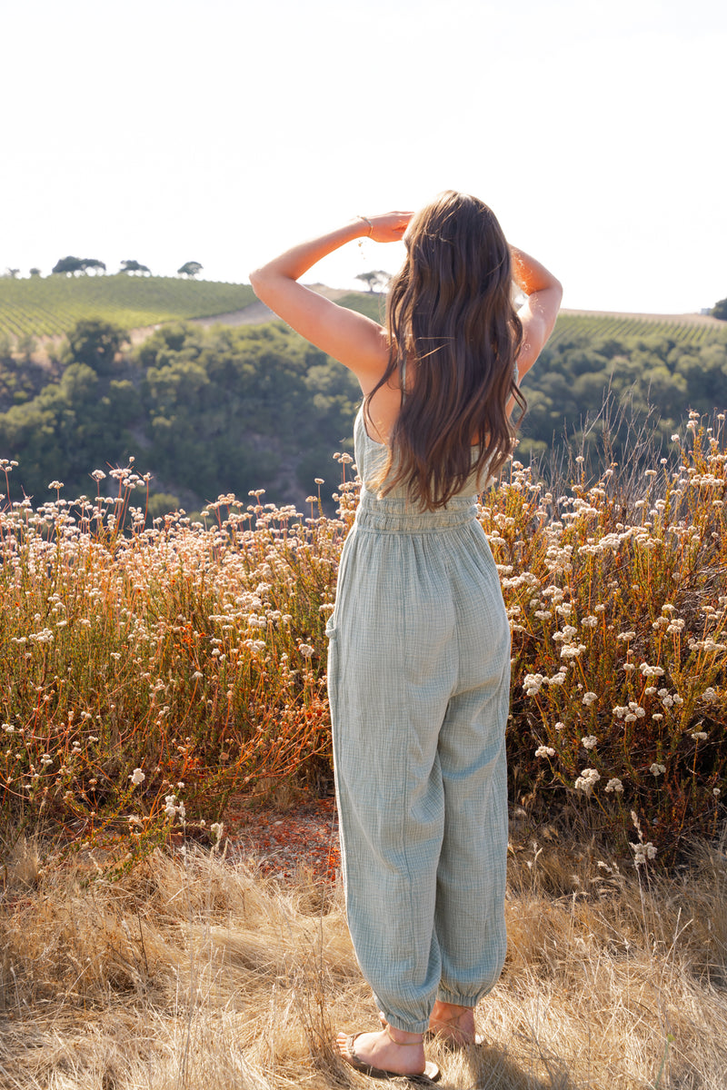 Coastal Cruising Spaghetti Strap V-Neck Muslin Jumpsuit- Sage