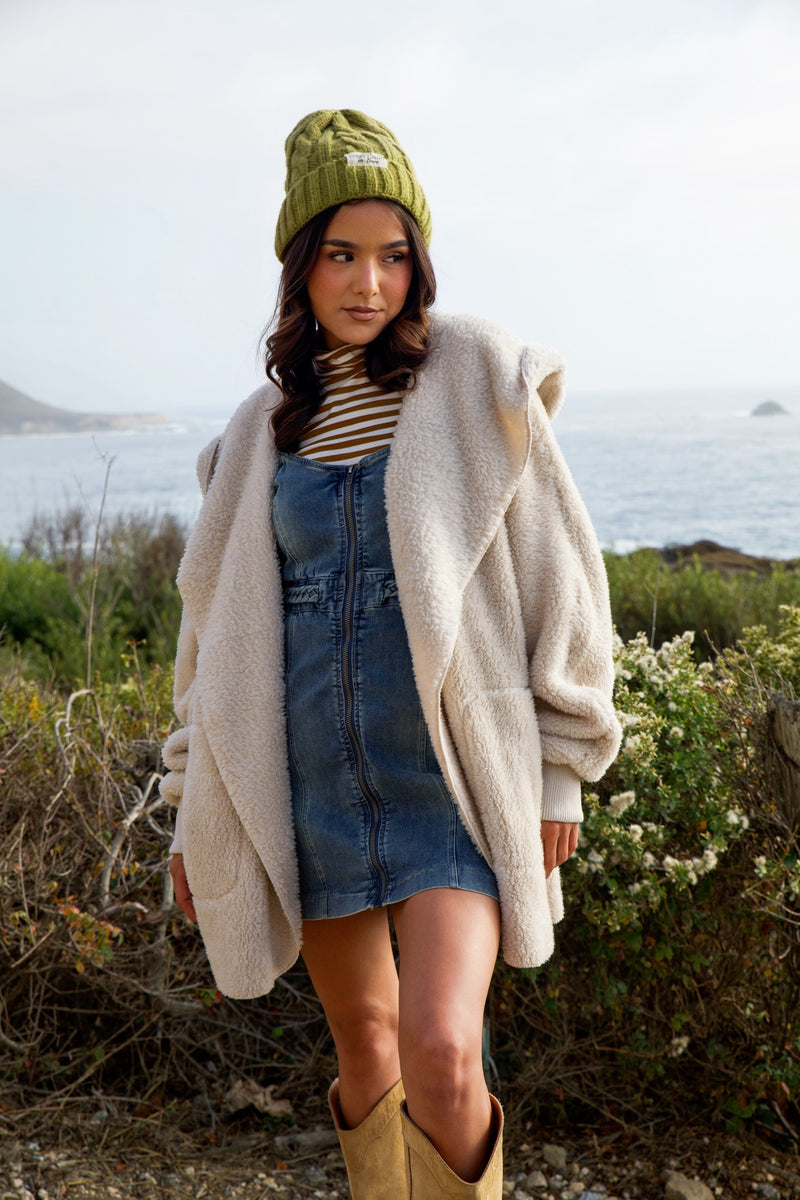 Touch of Heaven Faux Fur So Soft Plush Hooded Cardigan- Cream