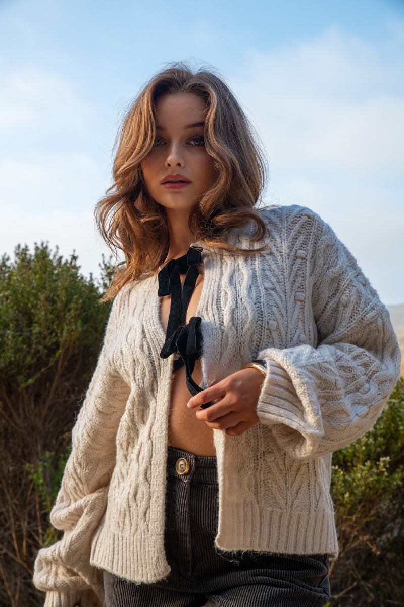 Oyster Bay Front Tie Velvet Bow Cardigan Sweater- Oatmeal/Black
