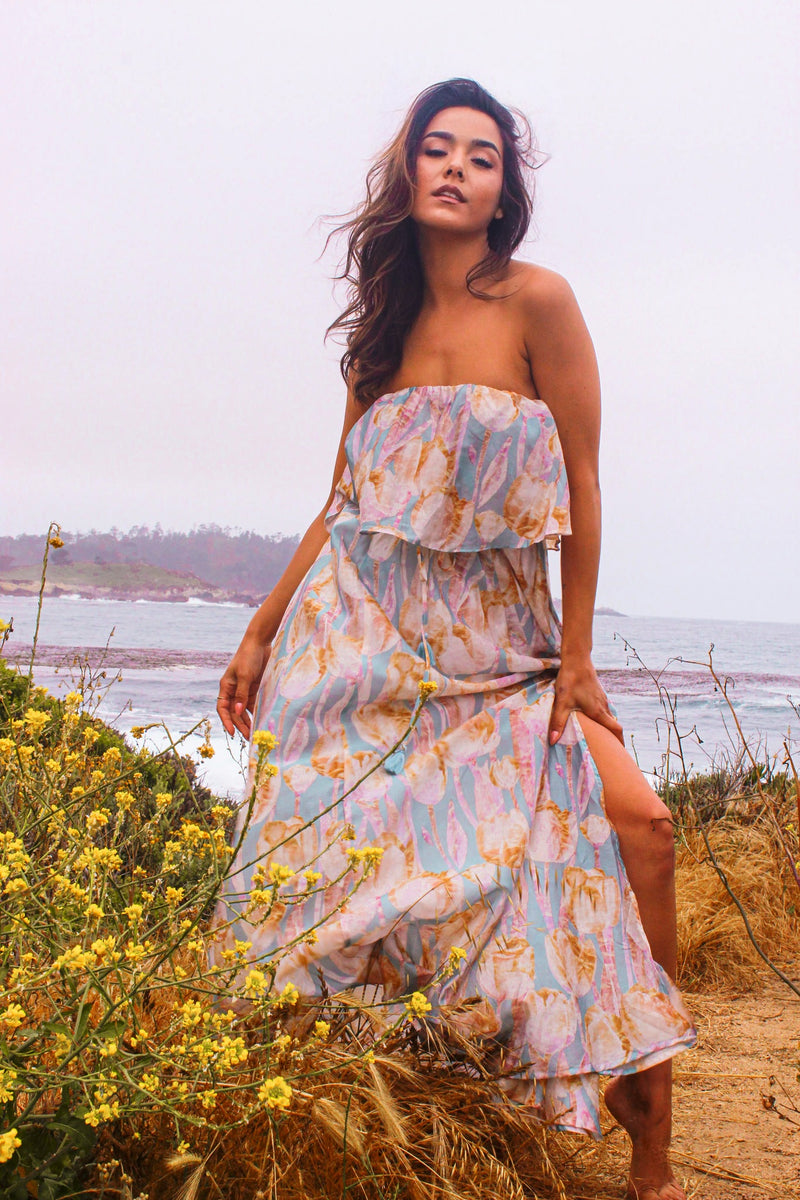 Honey Dip Strapless Maxi Dress- Sky/Multi
