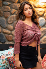 Love and Adore Ruched Detail Crochet Top - Wine