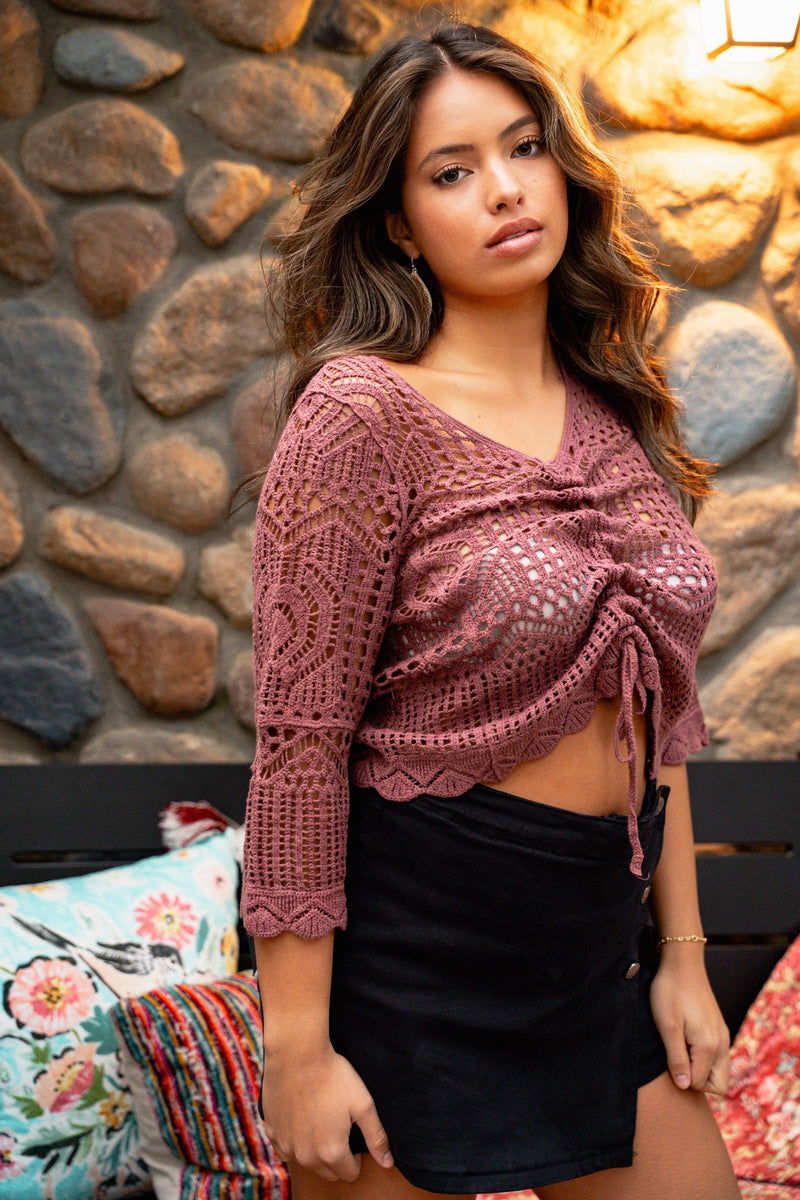 Love and Adore Ruched Detail Crochet Top - Wine