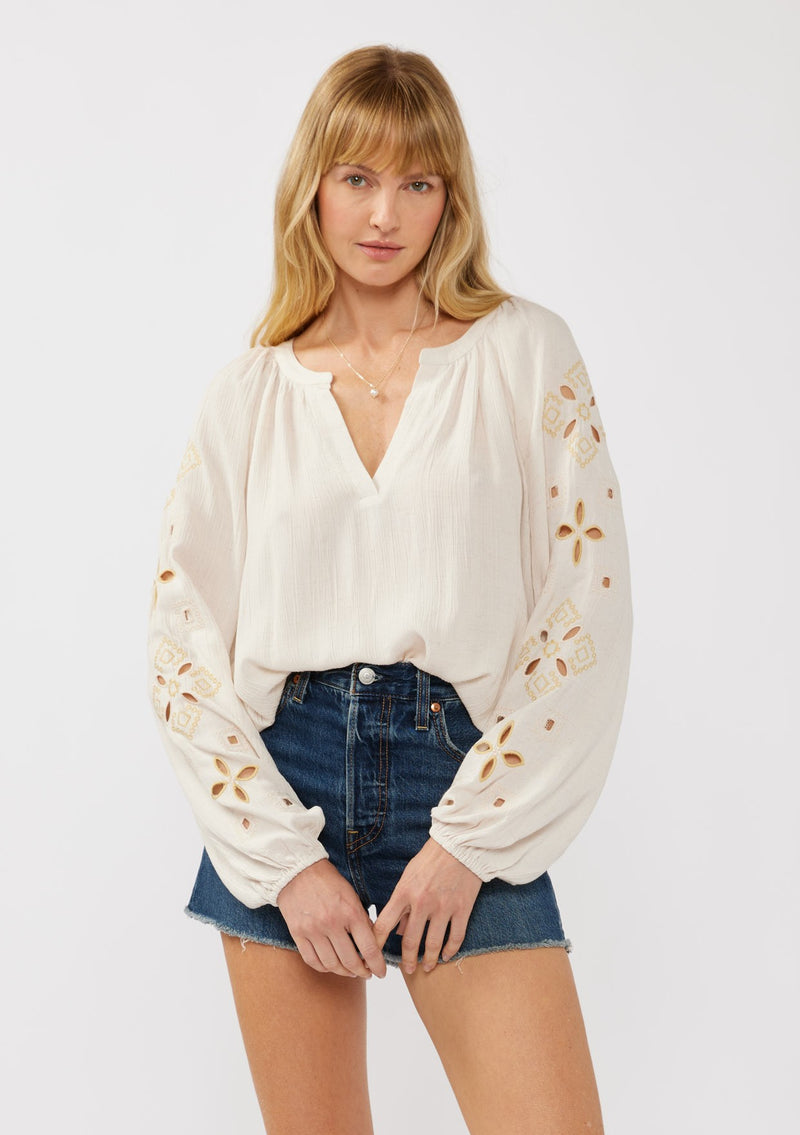 Salt and Sol Floral Embroidered Blouse Longsleeve -Natural