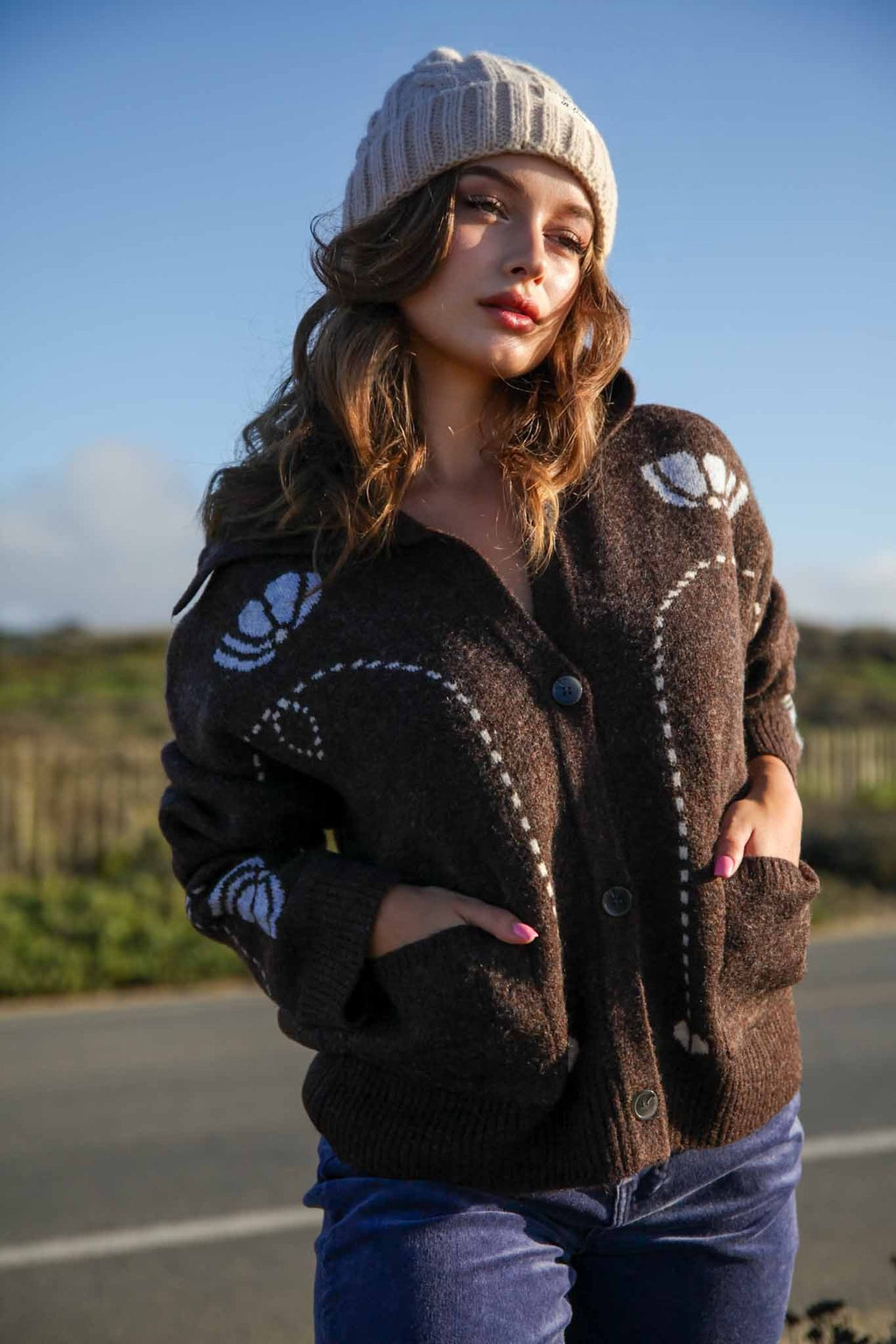 Emory Park Button Front Flap Collar Novelty Cardigan- Chocolate/Blue