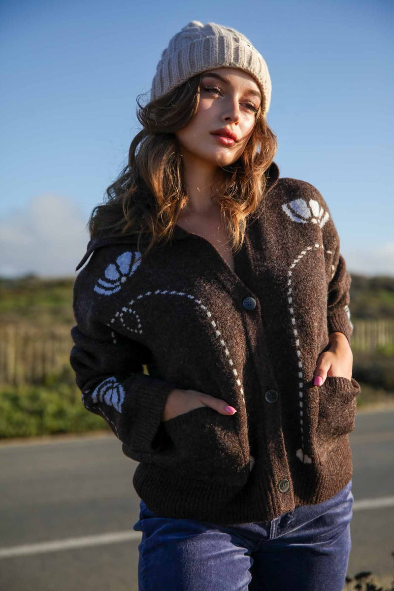 Emory Park Button Front Flap Collar Novelty Cardigan- Chocolate/Blue