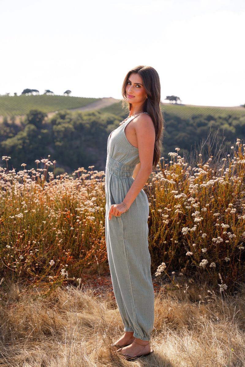 Coastal Cruising Spaghetti Strap V-Neck Muslin Jumpsuit- Sage