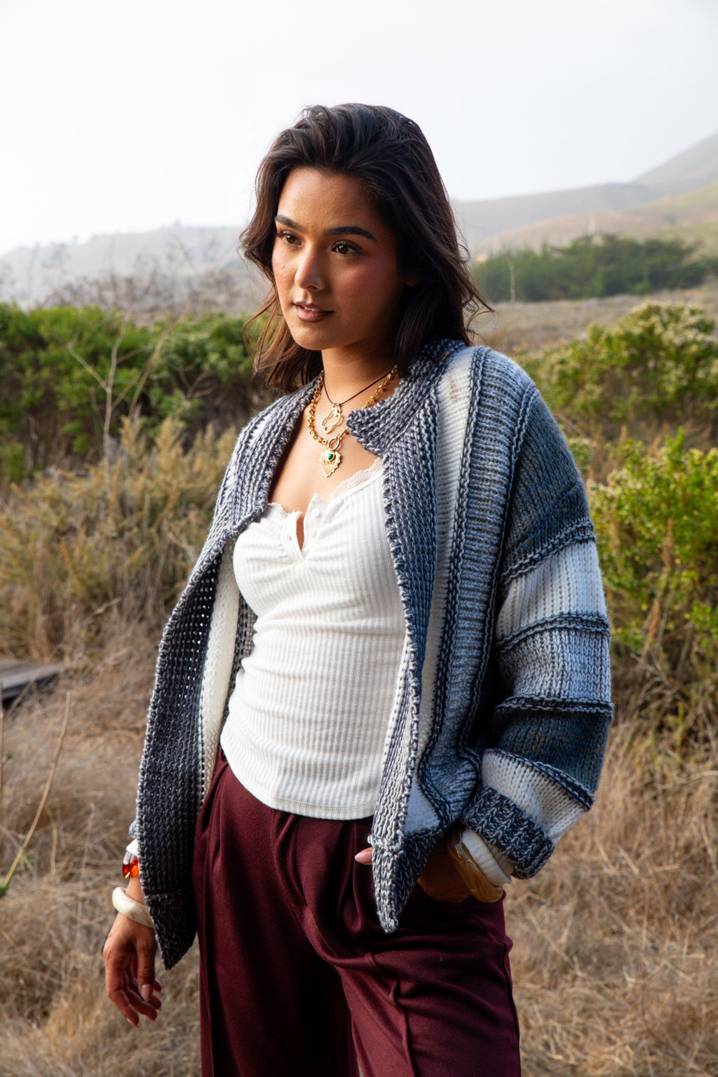Tidepool Tinsel Detail Knit Cardigan- Smoke/Ivory