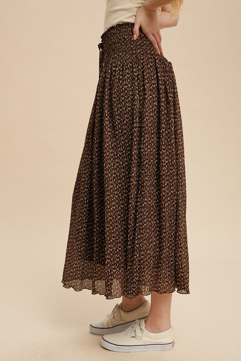 Chocolate Kiss Smocked Waist Floral Maxi Skirt - Mocha