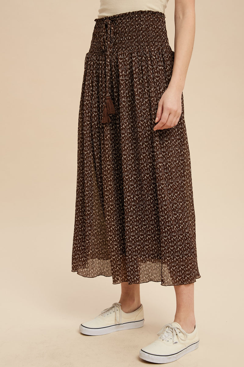Chocolate Kiss Smocked Waist Floral Maxi Skirt - Mocha