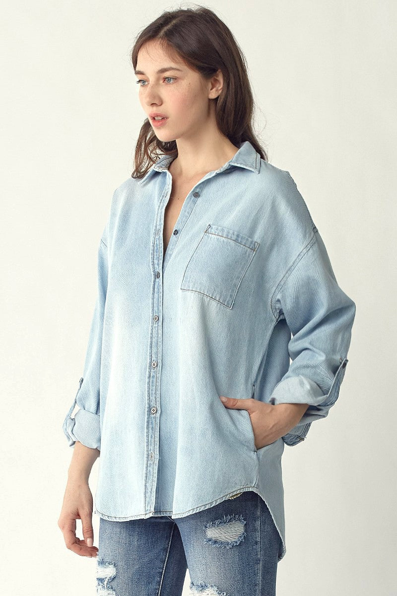 Risen Oversized Denim Button Up - Light Wash
