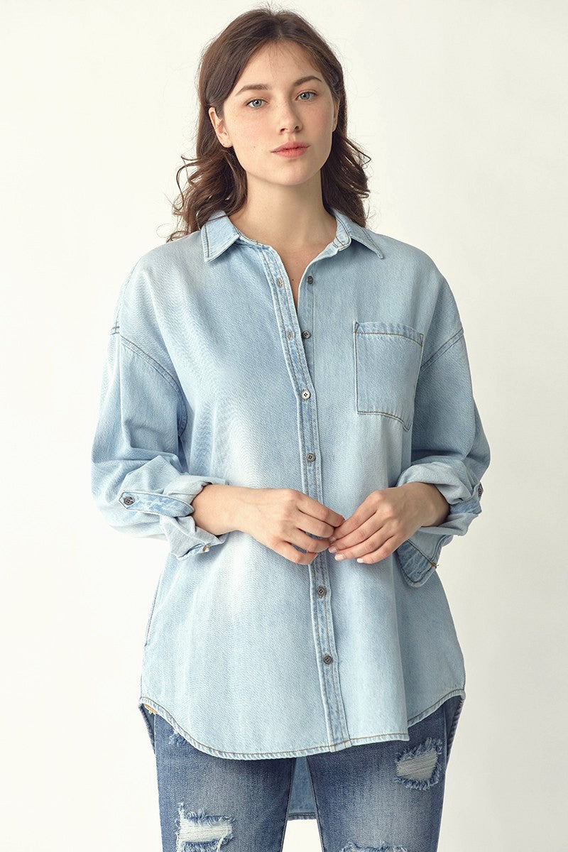 Risen Oversized Denim Button Up - Light Wash